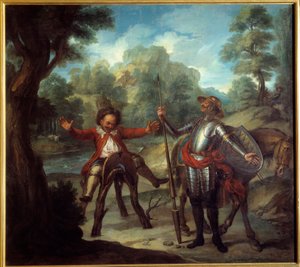 Historien om Don Quixote: Sancho våkner og desperat etter å ikke finne sin elskede Grison. «Den geniale gentleman Don Quijote fra La Mancha» av Miguel de Cervantes Saavedra (1547-1616). Maleri av Charles Antoine Coypel (1694-1752)