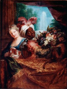 Ung jente som stryker en hund og svart tjener presenterer en kurv med frukt En liten ape ligger på skulderen hennes. Maleri av Antoine Coypel (1661-1722) Søn. 28x21,5 cm Paris, Musée du Louvre