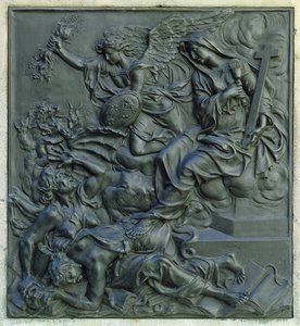 The Angel of France som fordriver kjetterne, detalj fra sokkelen til en statue av Ludvig XIV, ca. 1687 (bronse)