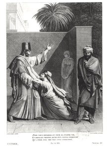 Esther ber Assuerus i nærvær av Aman, illustrasjon fra Esther av Jean Racine (1639-99) gravert av J.J. Coiny (1761–1809)
