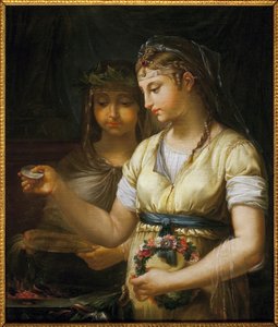 To vestaler forbereder et offer. Maleri av Antoine Francois (Antoine-Francois) Callet (1741-1823), olje på lerret av Antoine François Callet