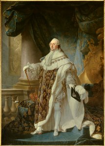 Portrait en pied du roi de France Louis XVI (1754-1793), iført den store kongelige drakten i 1779 Maleri av Antoine Francois (Antoine-Francois) Callet (1741-1823) 1779 Dim. 2,7x1,89 m - - Portrett av kongen av Frankrike Ludvig XVI (1754-1793) i kronen hans av Antoine François Callet