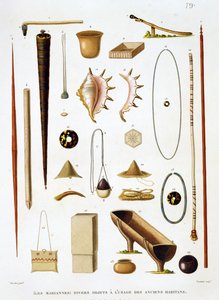 Husholdningsredskaper og våpen fra Marianasøyene, fra Voyage autour du Monde (1817-20), av Louis Claude De Saulces de Freycinet (1779-1842) gravert av Jean Louis Denis Coutant (1776-1831), s. av Antoine Germain Bevalet