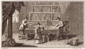 En kinesisk kalligrafibutikk, fra en beretning om den nederlandske ambassaden i Kina, gravert av A. Maisonneuve, ca. 1670-tallet av Antoine Humblot