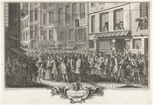 Fra Rue Quinquempoix, 1720 Rue Quinquempoix i år 1720 (tittel på objekt) Het Groote Tafereel der Dwaasheid (serietittel) av Antoine Humblot