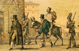 Straff som innebar å bli ført gjennom gater på esel, litografi av Jean-Baptiste-Antoine Thomas (1791-1833) fra Un Rome