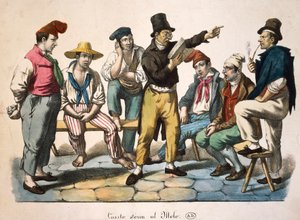 Historieforteller på kaien, av Antoine-Jean-Baptiste Thomas (1791-1834), trykk, Frankrike