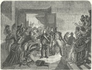 Louis XVIII forlot Tuileries-palasset etter å ha fått vite om Napoleons retur til Frankrike fra Elba av Antoine Jean (after) Gros