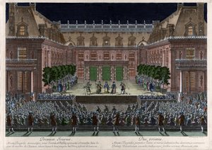Representasjon, i marmorgårdsplassen til slottet i Versailles, d'Alceste””” av Jean Baptiste Lully (Giovanni Battista Lulli) (1632-1687) for feiringen gitt i anledning overtakelsen av Franche Comté (1674). Gravering av Le Pautre (1 av Antoine Le Pautre