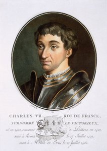 Charles VII, fra Portraits of Great Men, Illustrious Women, and Memorable Subjects of France, gravert og trykt i farger, utgitt av Pierre Blin, 1786-92, Paris (fargegravering) av Antoine Louis Francois Sergent-Marceau