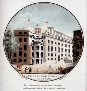 Utsikt over Monsieur de La Hayes hus på hjørnet av Rue Caumartin, Paris, bygget etter tegninger av arkitekt Aubert. I pittoresque utsikt over hovedbygningene i Paris av sersjant av Antoine Louis Francois Sergent-Marceau