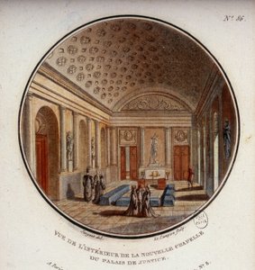 Utsikt over interiøret i det nye kapellet i tinghuset, nå Sainte Chapelle, Paris. I prittoresque utsikt over hovedbygningene i Paris av sersjant av Antoine Louis Francois Sergent Marceau