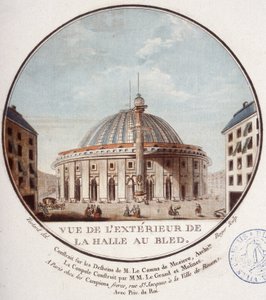 Utsikt over utsiden av hvetemarkedet, Paris bygget av Le Camus de Mézières mellom 1763 og 1766, i dag børsen i Paris. I prittoresque utsikt over hovedbygningene i Paris av sersjant av Antoine Louis Francois Sergent-Marceau