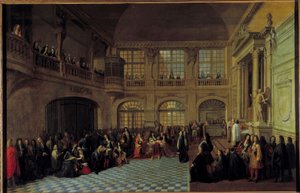 Kong Ludvig XIV mottok eden til Marquis de Dangeau, stormester for de gjenforente ordenene til Notre Dame du Mont Carmel og Saint Lazarus, i kapellet til slottet i Versailles, 18.12.1695. Philippe de Courcillon, Marquis de Dangeau (1638-172 av Antoine Pezey