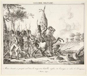 Menier (Hussar) kaster seg alene inn i linjen til en engelsk bataljon, dreper fenriken og fanger flagget (Druten, 1795)