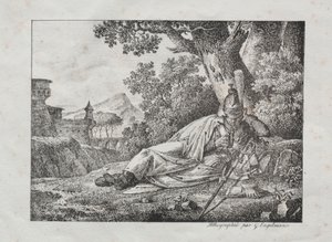 Samling av litografiske essays: Røkende drage ligger ved foten av et tre, 1822.