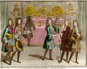 Buffet står for snacks i det sjette soverommet i leilighetene til familien til Louis XIV (1638-1715) om kveldene i leiligheten i Versailles rundt 1696 Gravering av Antoine Trouvain (1656-1708) 1696 ca. Privat samling