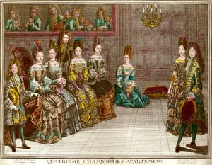 Dans i det fjerde soverommet i leilighetene til familien til Louis XIV (1638-1715) om kveldene i leiligheten i Versailles rundt 1696: hertugen av Chartres danser menyen med Mademoiselle i nærvær av hertuginnen av Maine, hertugen av B
