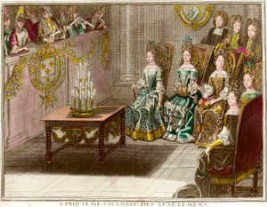 Musikkøkt i det femte soverommet i familieleilighetene til Ludvig XIV (1638-1715) om kveldene i leiligheten i Versailles rundt 1694 Gravering av Antoine Trouvain (1656-1708) 1694 ca. Privat samling