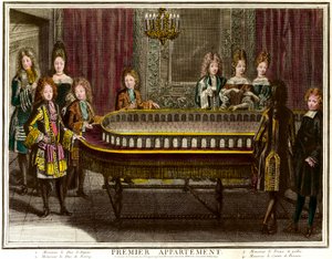 Philippe av Frankrike, hertug av Anjou, daværende konge av Spania (1683-1746), Charles, hertug av Berry (1686-1714) og prins av Wales spiller portiko i den første leiligheten til Louis XIV i Versailles - Gravering av Antoine Trouvain (1656) -1708) Privat s
