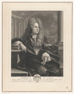 Portrett av Robert de Cotte lener seg på en bok i klassisk arkitektur Robert De Cotte (tittel på objekt)