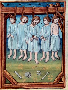 Fem menn hengt. Miniatyr i "" chronicles de Saint Denis" Paris, Antoine Verard