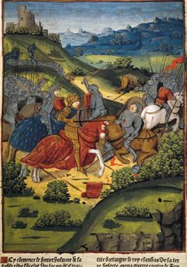 Lancelot i en kamp - VERARD, Antoine (1400-tallet). engelsk forlegger og bokhandler.; LANCELOT (6. årh.). Ridder av kong Arthurs hoff. Lancelot i en kamp. Illustrasjon av "Lancelot du Lac" av Antoine Verard (1494). Gotisk kunst. Miniatyr maleri. FR