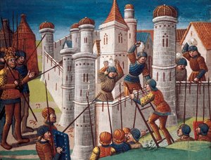 Beleiring av en by, miniatyr fra manuskriptet "Romanen til Ogier the Dane"