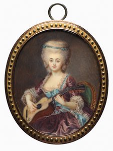 Portrett av en kvinne med en gitar, kalt Louise DAumont, Mazarin..., sent på 1700-tallet.