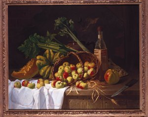 Stilleben med en flaske vin, rabarbra og en oppvendt kurv med epler på et bord av Antoine Vollon