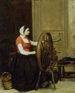 Kvinne og spinnehjul, ca. 1860?