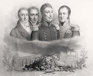 Den provisoriske regjeringen av 29. juli 1830. L til R: Jacques Lafitte (1767-1844), Casimir Perier (1777-1832), general Lafayette (1757-1834) og Comte Etienne Maurice Gerard (1773-1852) 1831 (