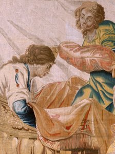 flamsk billedvev. Serien Story of Theseus. Bacchus tar Ariadne som sin kone (Baco toma a Ariadna por esposa). Niende billedvev i serien. Modell Anthonis Sallaert. Produserer Jan Raes den yngre, Brussel. Ca 1630. ; Stoff Silke og ull. Størrelse 392 x 45