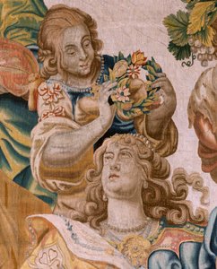 flamsk billedvev. Serien Story of Theseus. Bacchus tar Ariadne som sin kone (Baco toma a Ariadna por esposa). Niende billedvev i serien. Modell Anthonis Sallaert. Produserer Jan Raes den yngre, Brussel. Ca 1630. ; Stoff Silke og ull. Størrelse 392 x 45