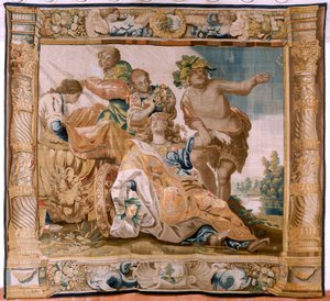 flamsk billedvev. Serien Story of Theseus. Bacchus tar Ariadne som sin kone (Baco toma a Ariadna por esposa). Niende billedvev i serien. Modell Anthonis Sallaert. Produserer Jan Raes den yngre, Brussel. Ca 1630. ; Stoff Silke og ull. Størrelse 392 x 45
