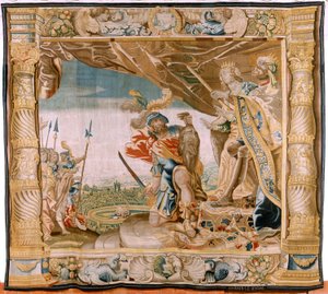 flamsk billedvev. Serien Story of Theseus. Theseus presenterer hodet til Minotauren til kongen og dronningen av Kreta (Teseo presenta a los Reyes de Creta la cabeza del Minotauro). Syvende billedvev i serien. Modell Anthonis Sallaert. Produserer Jan Raes