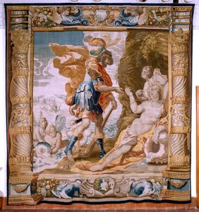 flamsk billedvev. Serien Story of Theseus. Thesevs mottar Minos ring fra Amphitrite (Teseo recibe de Anfítrite la sortija de Minos). Femte billedvev i serien. Modell Anthonis Sallaert. Produserer Jan Raes den yngre, Brussel. Ca 1630. Stoff Silke