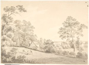 Landskap med hus og kyr ved Elben