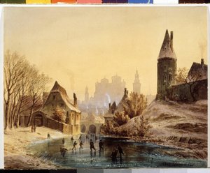 ""Skøytebanen på den frosne elven"" (Skøytebanen på en elv) Akvarell av Anton Doll (1826-1887) 1855 Pushkin Museum of Fine Arts, Moskva
