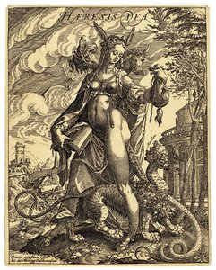 Guddommen Heresia, en allegorisk figur avbildet i form av en kvinne med eselører, som holder en bok med revne sider og en uhyrlig skapning mellom beina. Kontrareformistisk satirisk trykk av Anton Eisenhout (1554-1603) Slutten av 1500-tallet av Anton Eisenhout