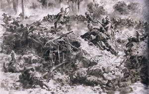 Württemberg-kongens grenaderer bryter gjennom fiendens plasseringer i Argonnes, fra puben The Illustrated History of the World War 1914-1915. av Union Berlagsefellfchaft av Anton Hoffman