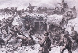 Nederlaget til Moscow Grenadier Corps av schlesiske, prøyssiske og keiserlige tyske tropper, fra puben The Illustrated History of the World War 1914-1915. av Union Berlagsefellfchaft av Anton Hoffman