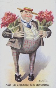 Bursdagskort som viser en mann som bærer blomsterbunter (chromolitho) av Anton Hoffmann