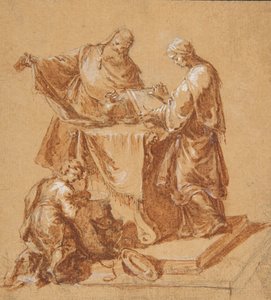 En yppersteprest, profetinnen Anna og en knelende gutt rundt et bord, 1745.