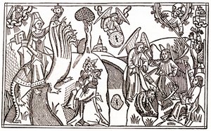 Den store skjøgen i Babylon som rir på det syvhodede dyret og englene som skjærer hvete mens de holder djevelen fanget av Anton Koberger