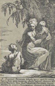 En kvinne som står ved foten av et tre og holder et spedbarn, med en sittende gutt, 1724.