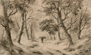 A Wood Gatherer in the Forest (brunt blekk og vask på buff papir)