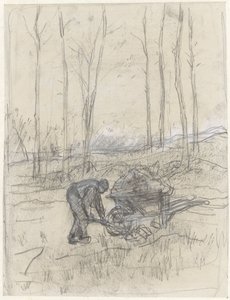 Bonde på jobb med trillebår i skogen av Anton Mauve