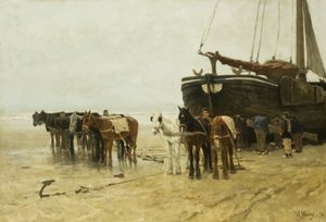 Fiskebåt med tauehester på Scheveningen-stranden av Anton Mauve