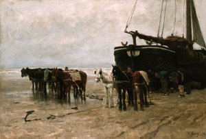 Fiskebåt med tauehester på Scheveningen-stranden av Anton Mauve